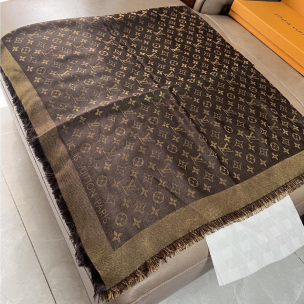 Authentic Louis Vuitton Monogram Shawl in Brown and Gold